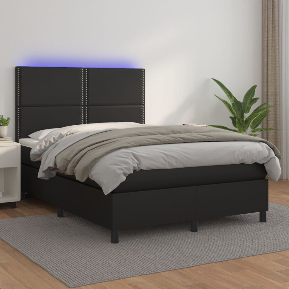 vidaXL Boxspring met matras en LED kunstleer zwart 140x190 cm vidaXL Boxspring met matras en LED kunstleer zwart 140x190 cm afbeelding 1