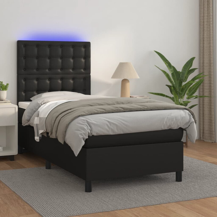 vidaXL Boxspring met matras en LED kunstleer zwart 90x190 cm vidaXL Boxspring met matras en LED kunstleer zwart 90x190 cm afbeelding 1