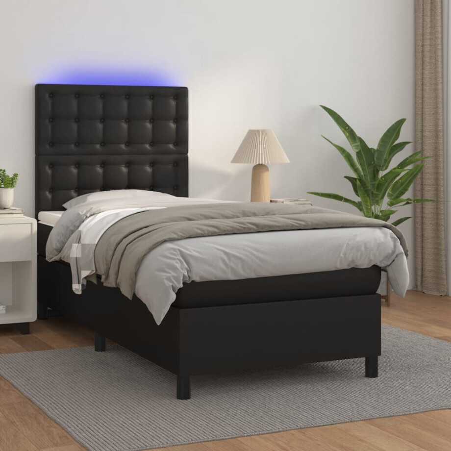 vidaXL Boxspring met matras en LED kunstleer zwart 90x200 cm vidaXL Boxspring met matras en LED kunstleer zwart 90x200 cm afbeelding 1