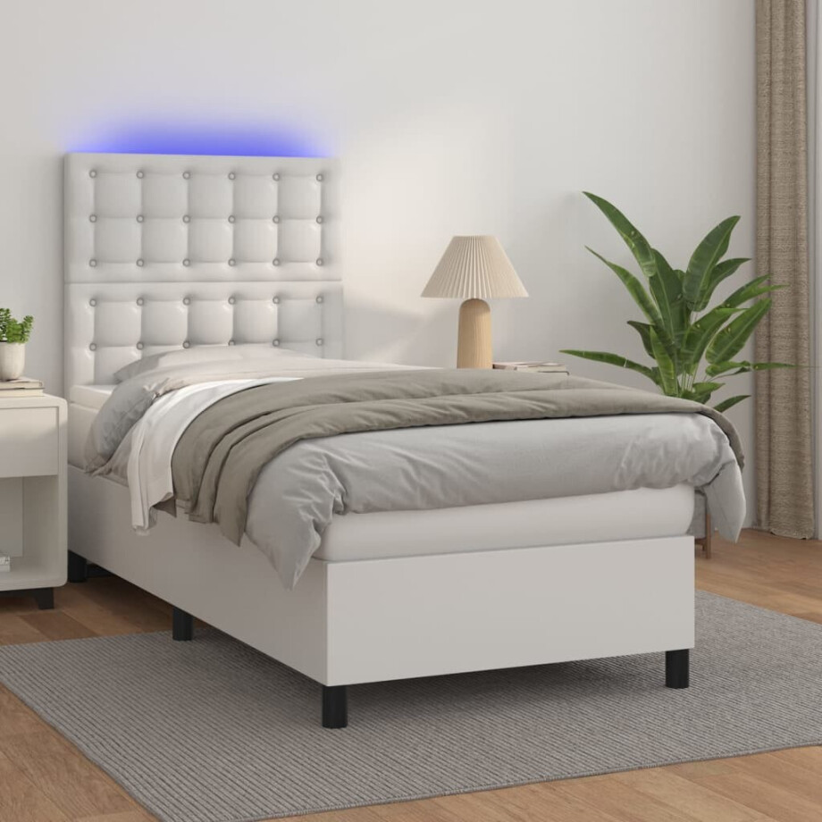 vidaXL Boxspring met matras en LED kunstleer wit 90x200 cm vidaXL Boxspring met matras en LED kunstleer wit 90x200 cm afbeelding 1