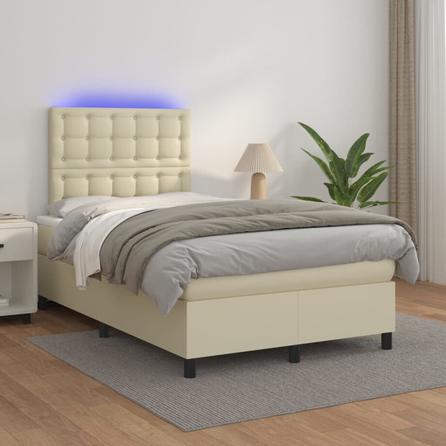 vidaXL Boxspring met matras en LED kunstleer crèmekleurig 120x200 cm afbeelding 1