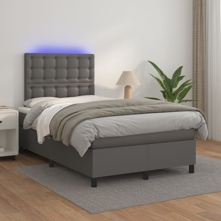 vidaXL Boxspring met matras en LED kunstleer grijs 120x200 cm vidaXL Boxspring met matras en LED kunstleer grijs 120x200 cm afbeelding 1