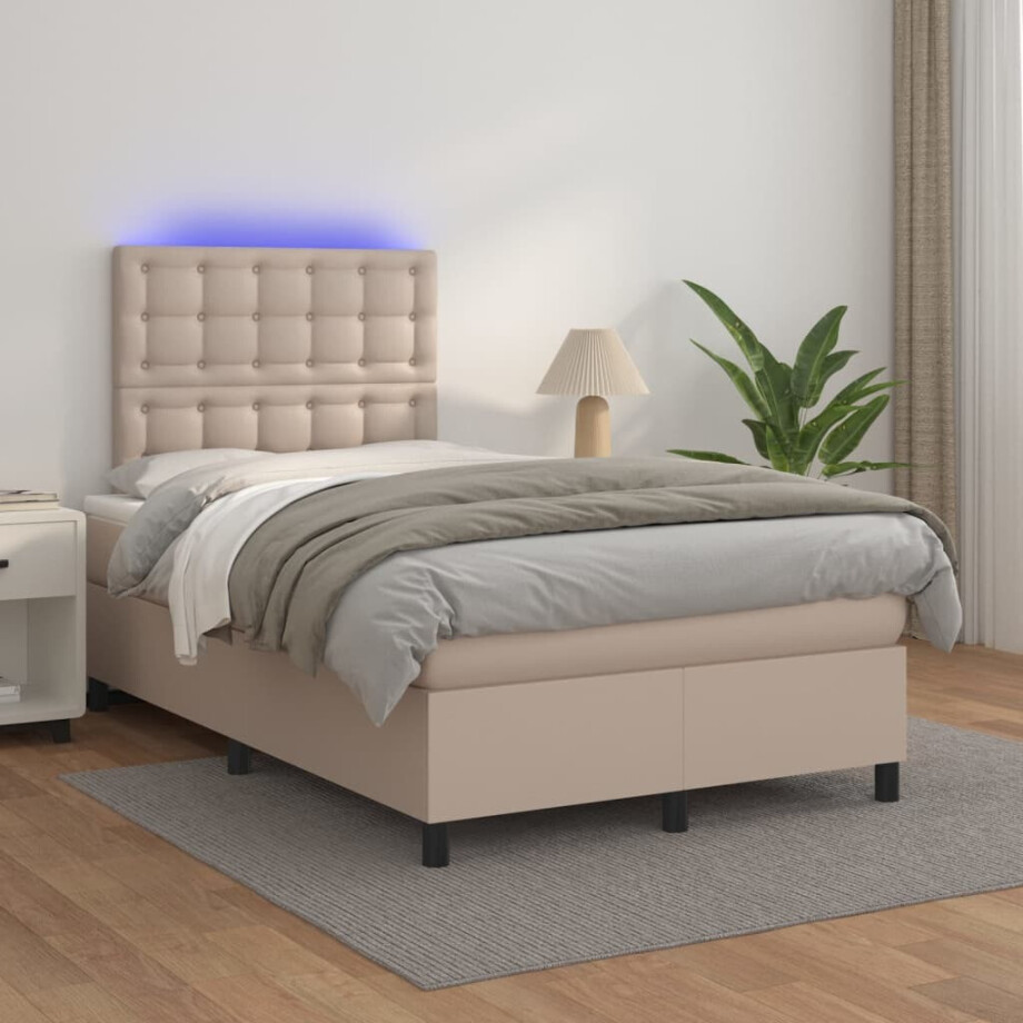 vidaXL Boxspring met matras en LED kunstleer cappuccinokleur 120x200cm vidaXL Boxspring met matras en LED kunstleer cappuccinokleur 120x200cm afbeelding 1