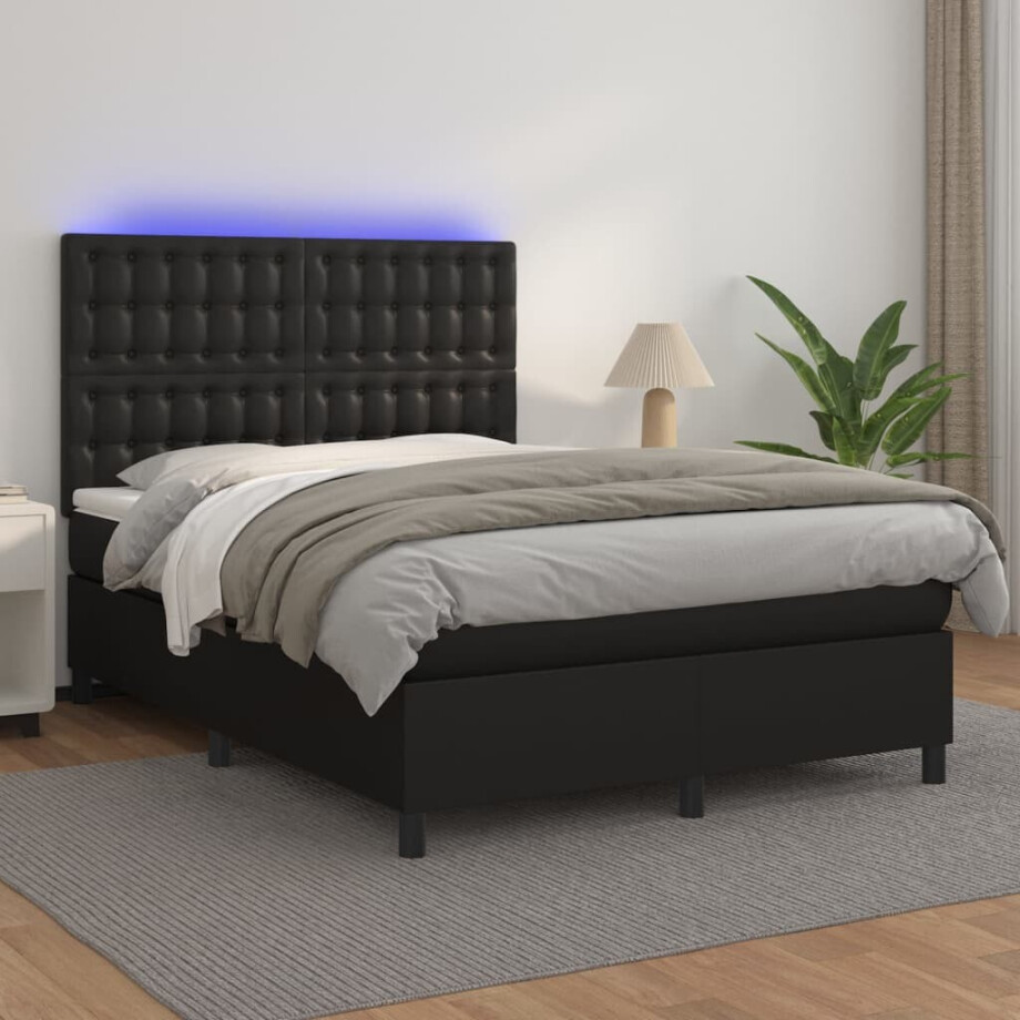 vidaXL Boxspring met matras en LED kunstleer zwart 140x190 cm vidaXL Boxspring met matras en LED kunstleer zwart 140x190 cm afbeelding 1