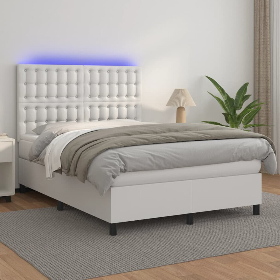 vidaXL Boxspring met matras en LED kunstleer wit 140x200 cm vidaXL Boxspring met matras en LED kunstleer wit 140x200 cm afbeelding 1