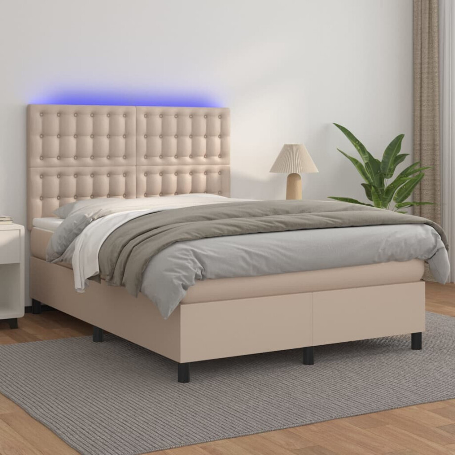 vidaXL Boxspring met matras en LED kunstleer cappuccinokleur 140x200cm afbeelding 1