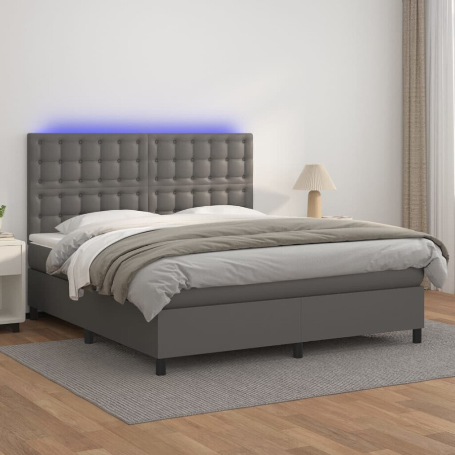 vidaXL Boxspring met matras en LED kunstleer grijs 160x200 cm afbeelding 1