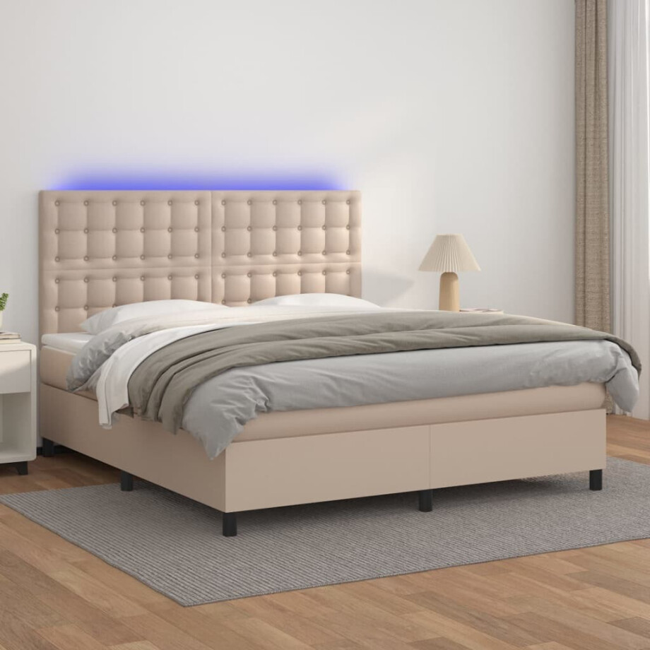 vidaXL Boxspring met matras en LED kunstleer cappuccinokleur 160x200cm afbeelding 1