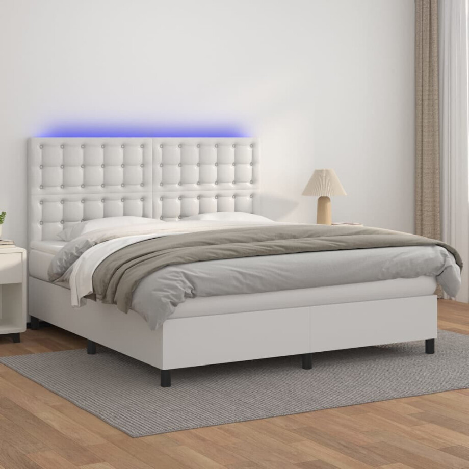 vidaXL Boxspring met matras en LED kunstleer wit 180x200 cm vidaXL Boxspring met matras en LED kunstleer wit 180x200 cm afbeelding 1