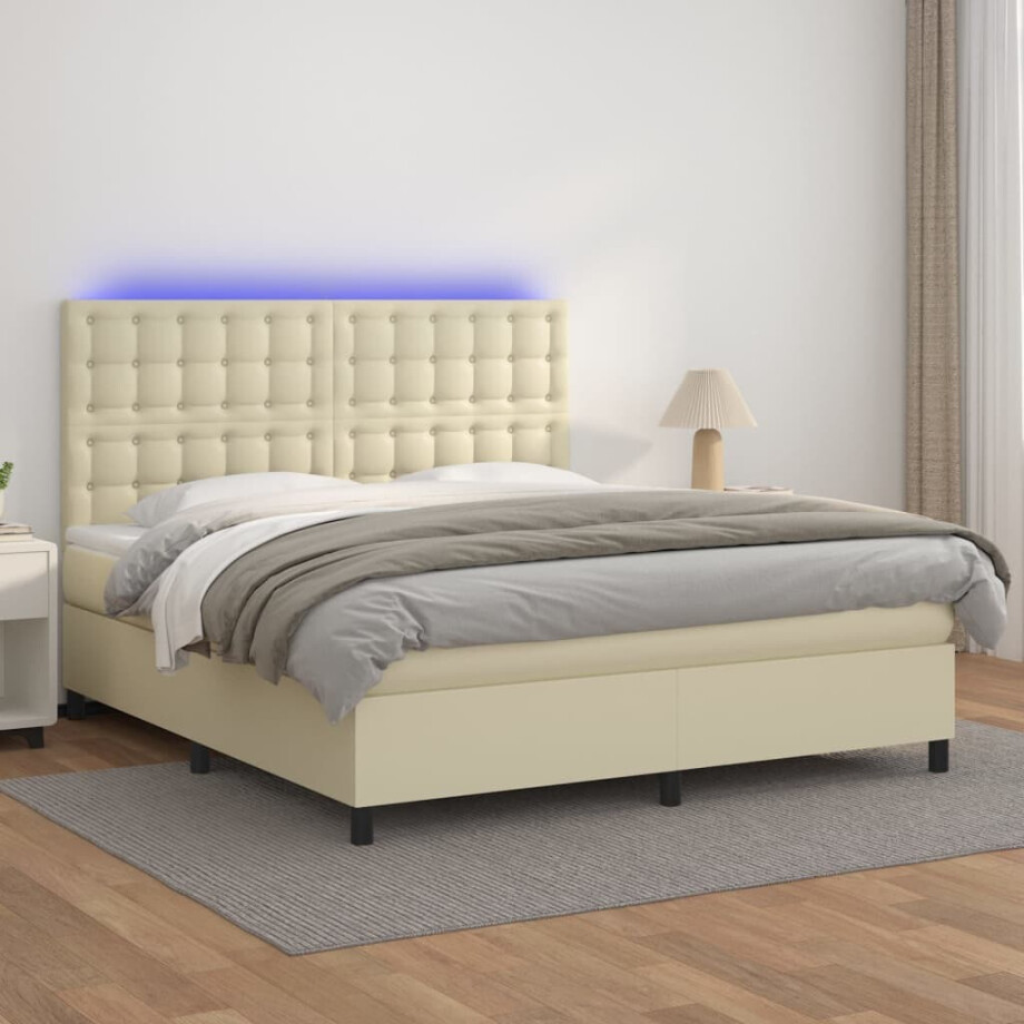 vidaXL Boxspring met matras en LED kunstleer crèmekleurig 180x200 cm afbeelding 1
