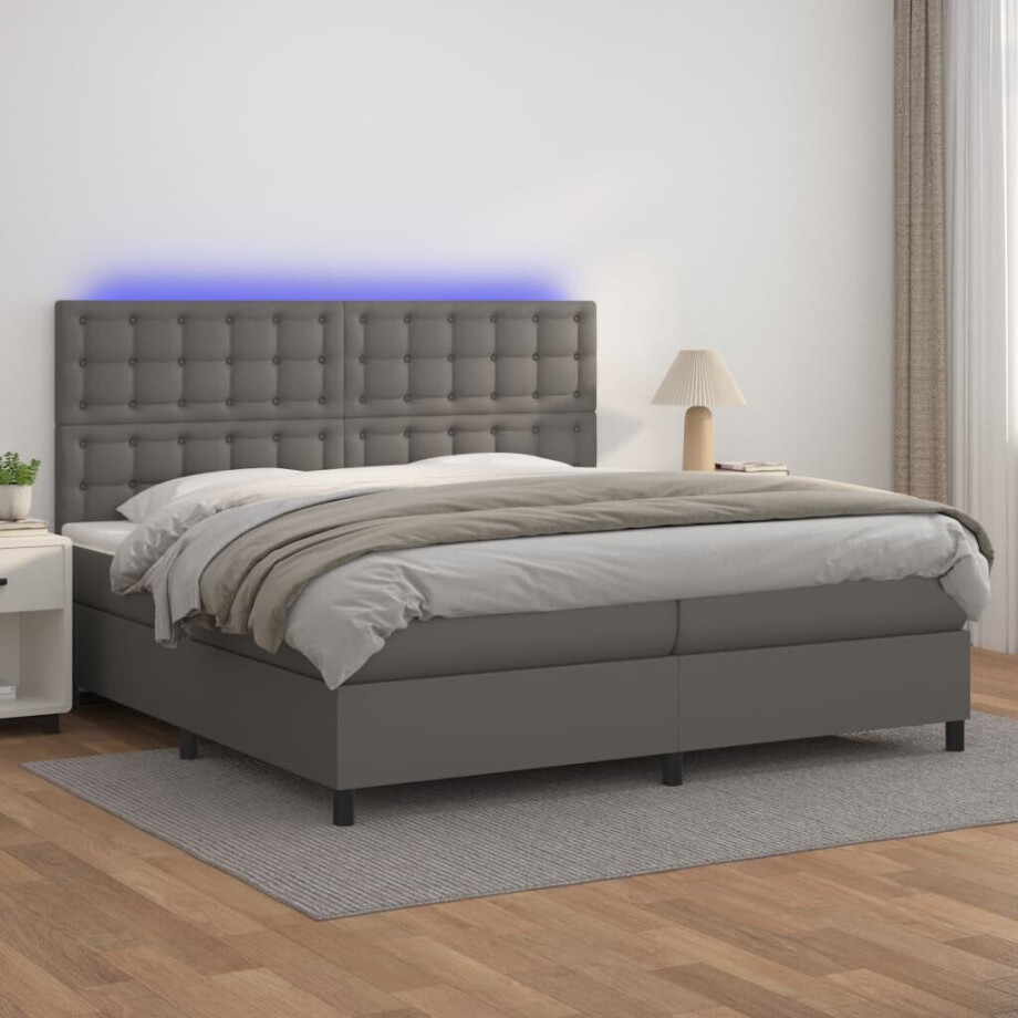 vidaXL Boxspring met matras en LED kunstleer grijs 200x200 cm vidaXL Boxspring met matras en LED kunstleer grijs 200x200 cm afbeelding 1