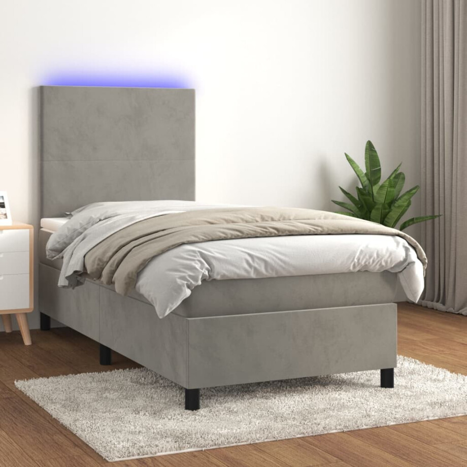 vidaXL Boxspring met matras en LED fluweel lichtgrijs 90x190 cm vidaXL Boxspring met matras en LED fluweel lichtgrijs 90x190 cm afbeelding 1