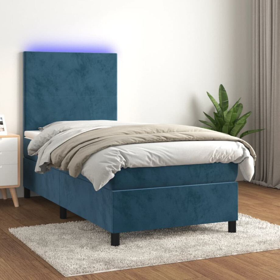 vidaXL Boxspring met matras en LED fluweel donkerblauw 90x190 cm afbeelding 1