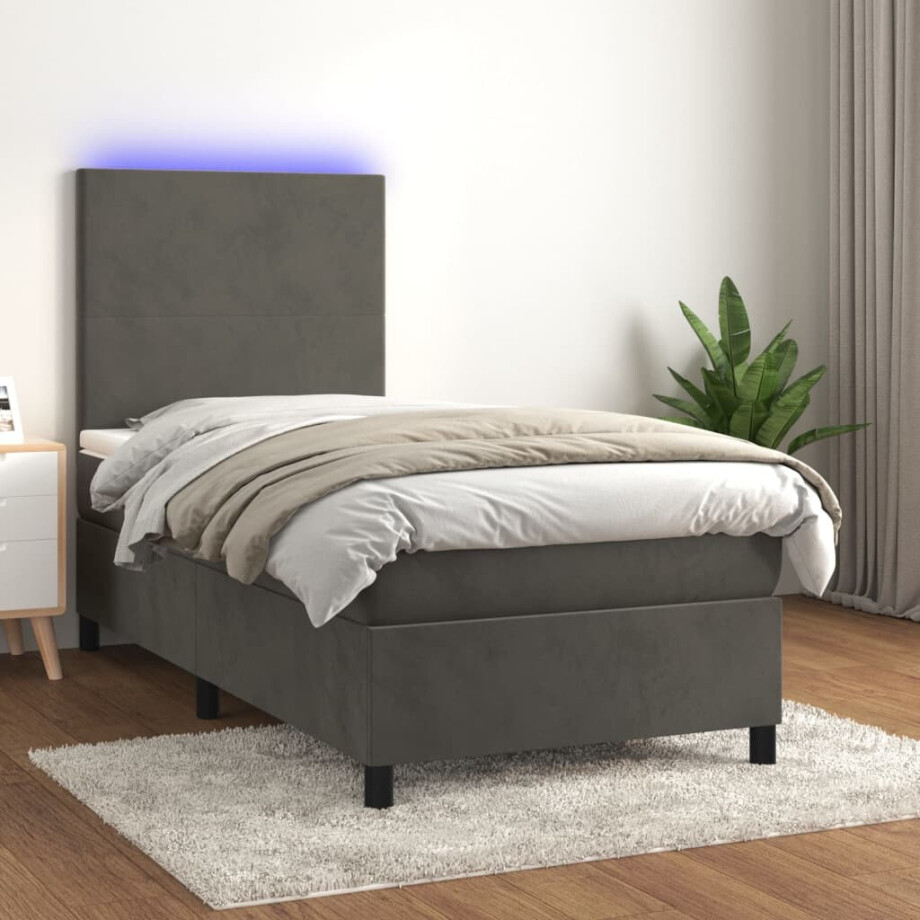 vidaXL Boxspring met matras en LED fluweel donkergrijs 100x200 cm afbeelding 1