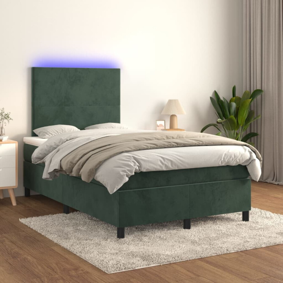 vidaXL Boxspring met matras en LED fluweel donkergroen 120x200 cm afbeelding 1