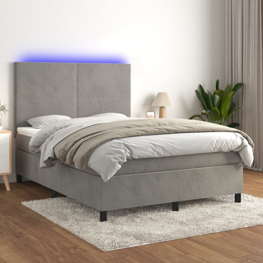 vidaXL Boxspring met matras en LED fluweel lichtgrijs 140x190 cm afbeelding 1