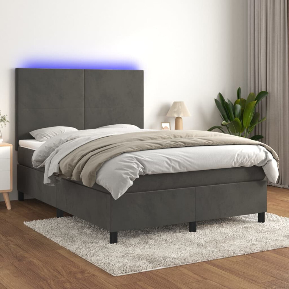 vidaXL Boxspring met matras en LED fluweel donkergrijs 140x200 cm vidaXL Boxspring met matras en LED fluweel donkergrijs 140x200 cm afbeelding 1