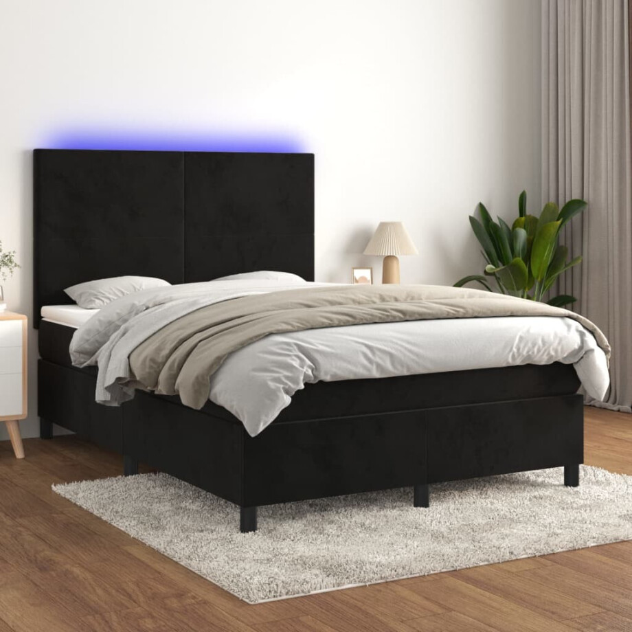 vidaXL Boxspring met matras en LED fluweel zwart 140x200 cm afbeelding 1