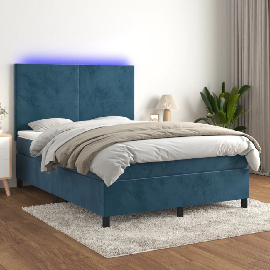 vidaXL Boxspring met matras en LED fluweel donkerblauw 140x200 cm afbeelding 1
