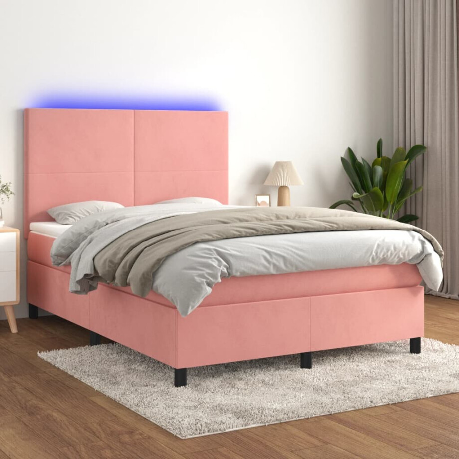 vidaXL Boxspring met matras en LED fluweel roze 140x200 cm afbeelding 1