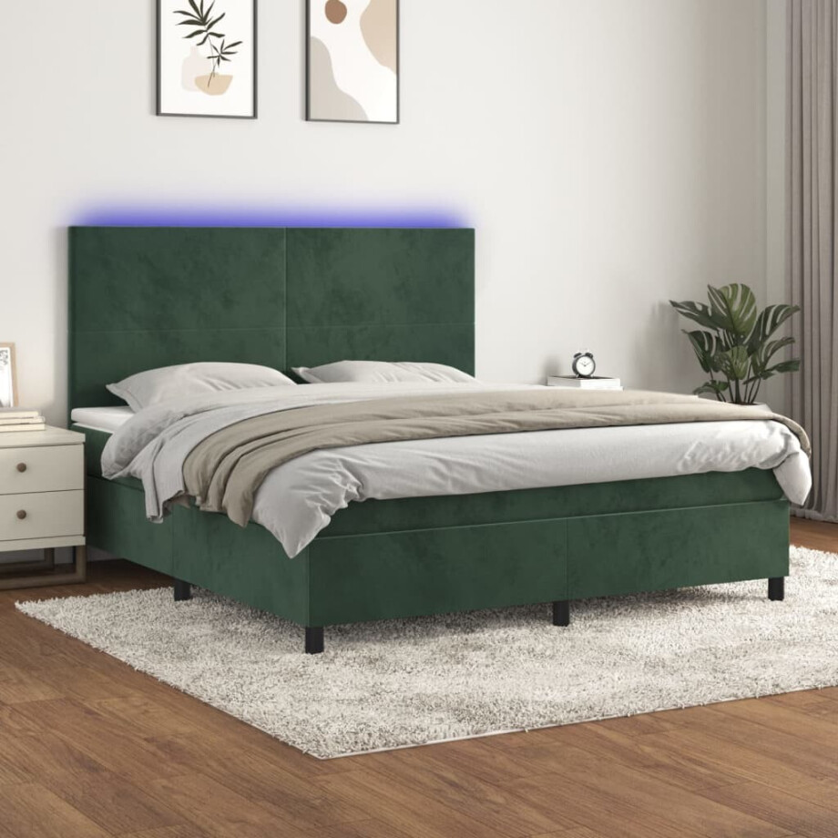 vidaXL Boxspring met matras en LED fluweel donkergroen 160x200 cm vidaXL Boxspring met matras en LED fluweel donkergroen 160x200 cm afbeelding 1