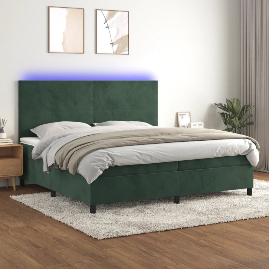 vidaXL Boxspring met matras en LED fluweel donkergroen 200x200 cm afbeelding 1