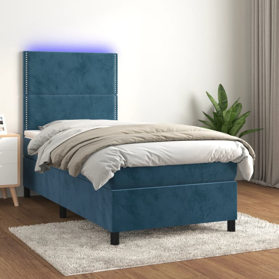 vidaXL Boxspring met matras en LED fluweel donkerblauw 90x190 cm vidaXL Boxspring met matras en LED fluweel donkerblauw 90x190 cm afbeelding 1