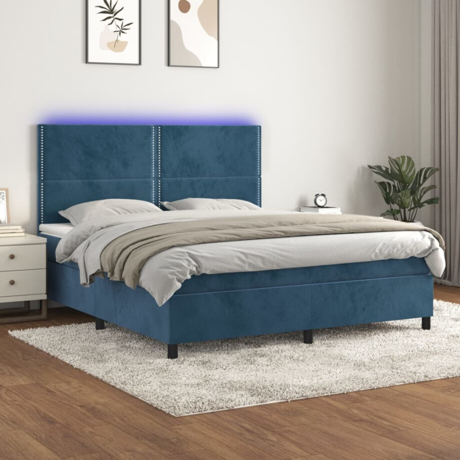vidaXL Boxspring met matras en LED fluweel donkerblauw 180x200 cm vidaXL Boxspring met matras en LED fluweel donkerblauw 180x200 cm afbeelding 1