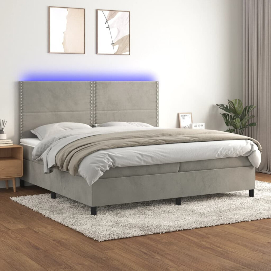 vidaXL Boxspring met matras en LED fluweel lichtgrijs 200x200 cm afbeelding 1