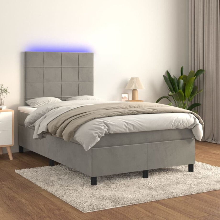 vidaXL Boxspring met matras en LED fluweel lichtgrijs 120x200 cm vidaXL Boxspring met matras en LED fluweel lichtgrijs 120x200 cm afbeelding 1