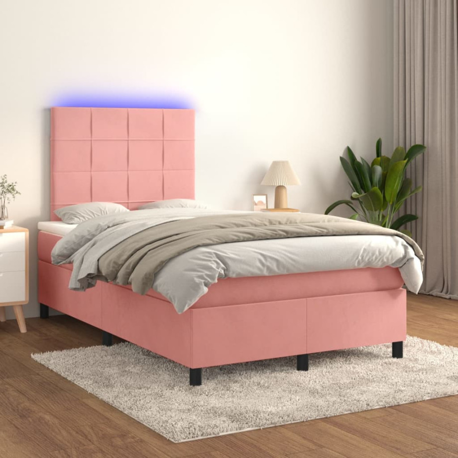 vidaXL Boxspring met matras en LED fluweel roze 120x200 cm afbeelding 1