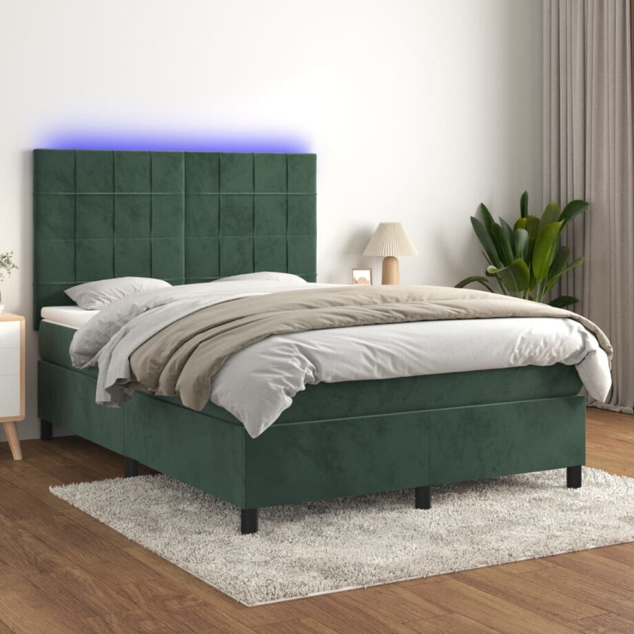 vidaXL Boxspring met matras en LED fluweel donkergroen 140x200 cm vidaXL Boxspring met matras en LED fluweel donkergroen 140x200 cm afbeelding 1