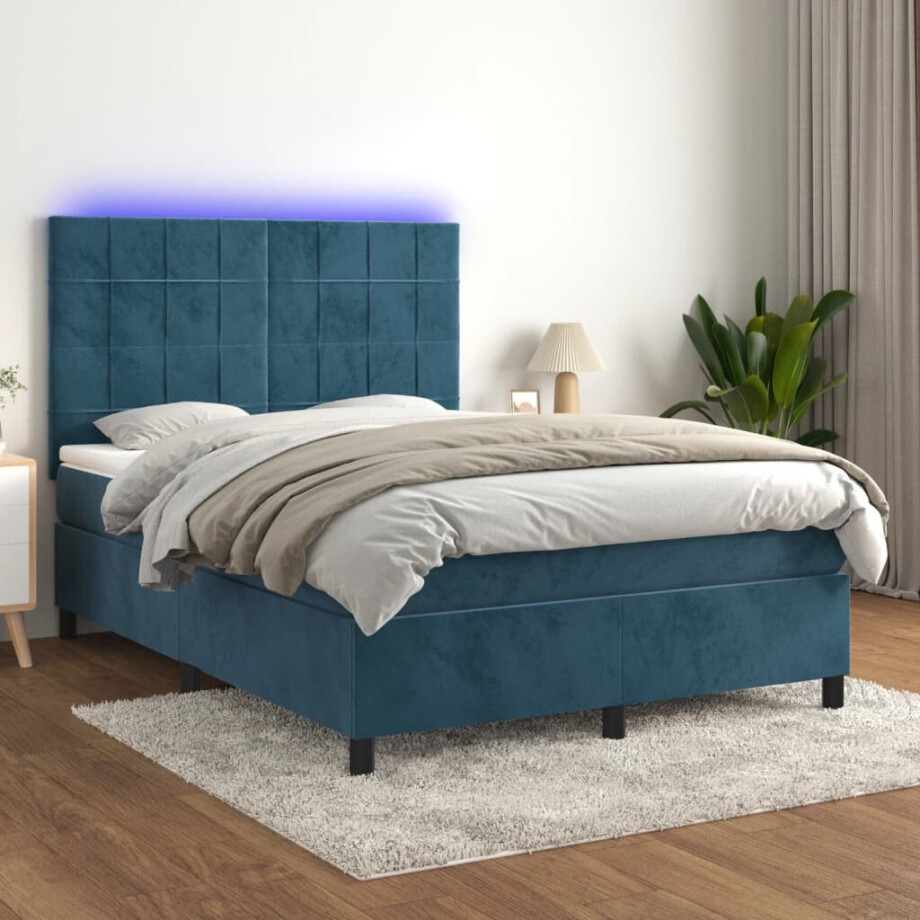 vidaXL Boxspring met matras en LED fluweel donkerblauw 140x200 cm vidaXL Boxspring met matras en LED fluweel donkerblauw 140x200 cm afbeelding 1