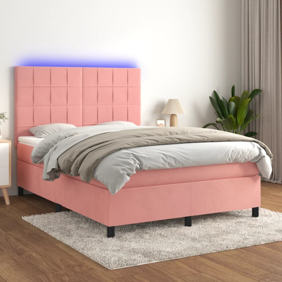 vidaXL Boxspring met matras en LED fluweel roze 140x200 cm vidaXL Boxspring met matras en LED fluweel roze 140x200 cm afbeelding 1