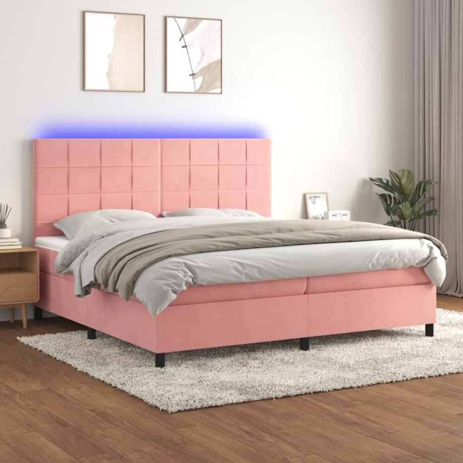 vidaXL Boxspring met matras en LED fluweel roze 200x200 cm afbeelding 1