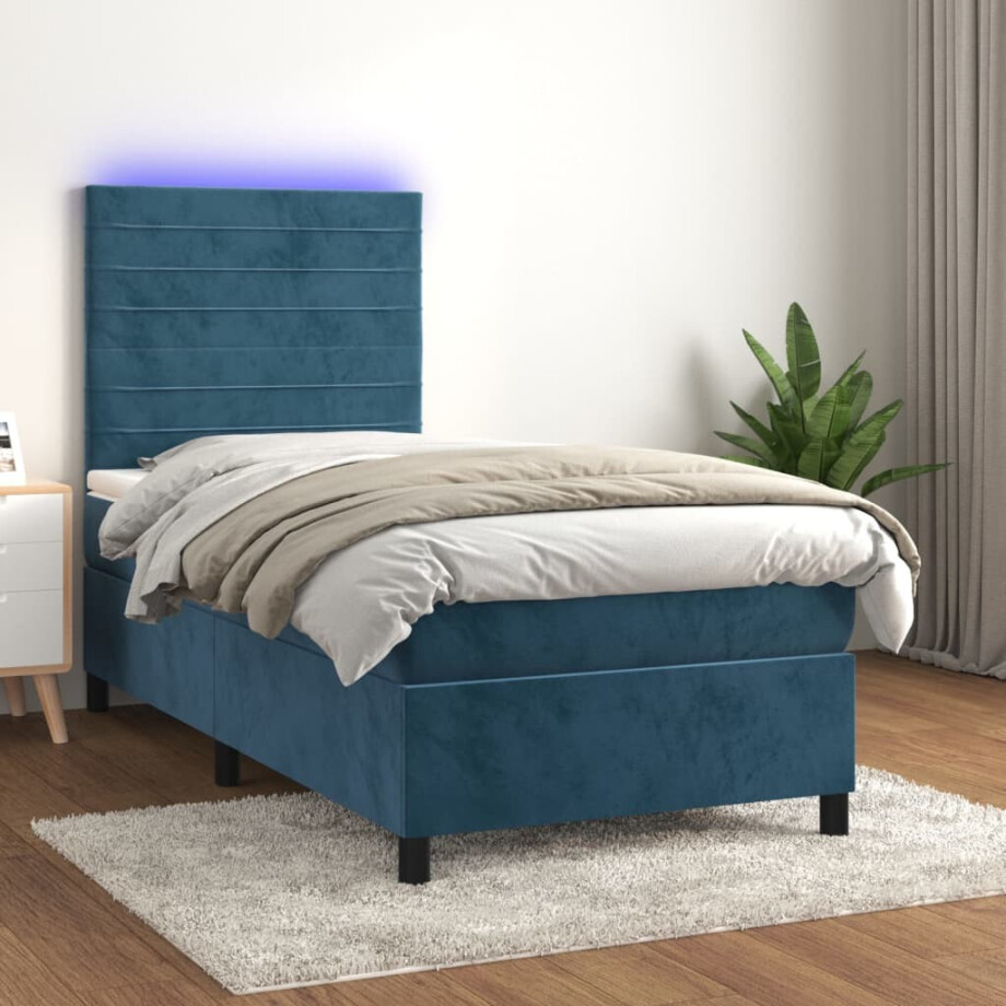 vidaXL Boxspring met matras en LED fluweel donkerblauw 100x200 cm afbeelding 1