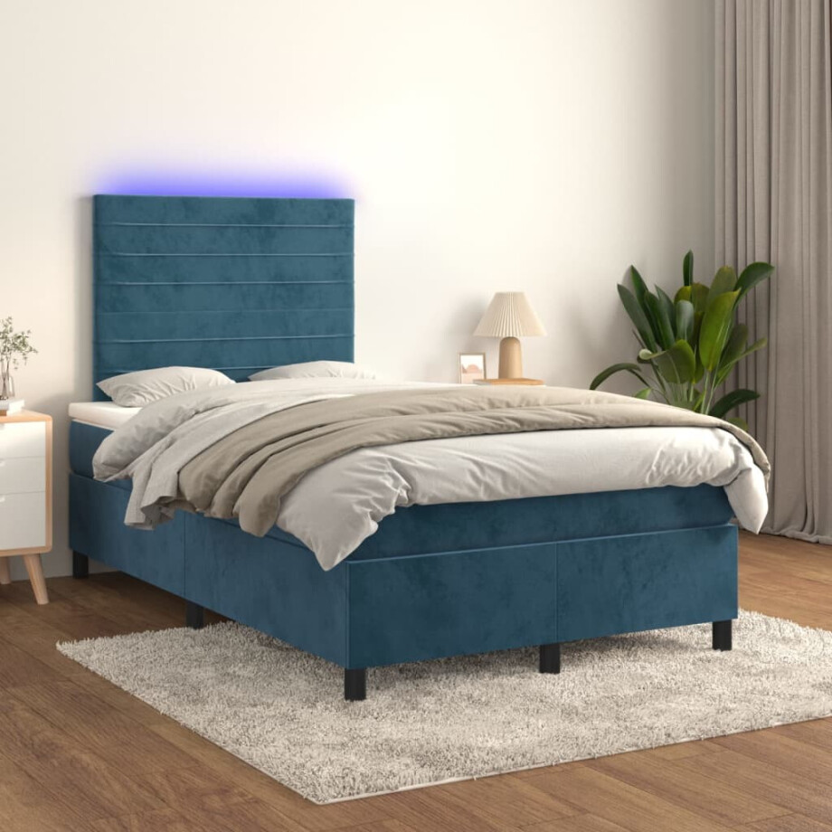 vidaXL Boxspring met matras en LED fluweel donkerblauw 120x200 cm afbeelding 1