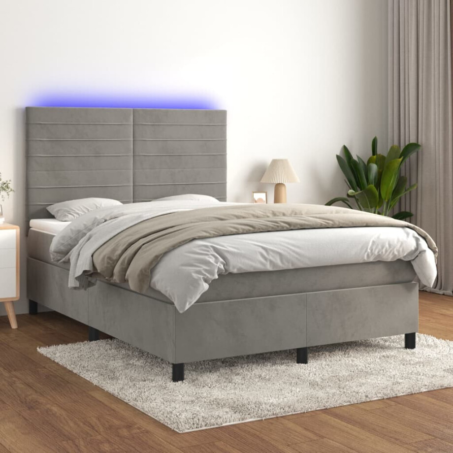 vidaXL Boxspring met matras en LED fluweel lichtgrijs 140x190 cm afbeelding 1
