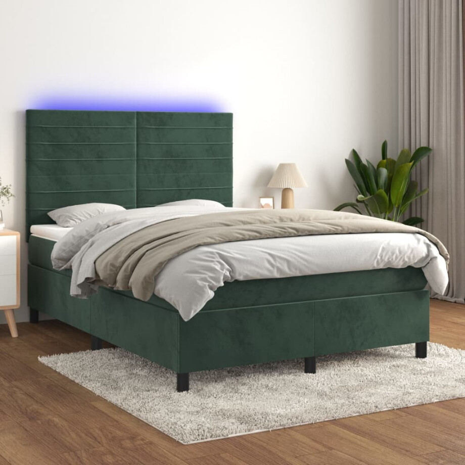 vidaXL Boxspring met matras en LED fluweel donkergroen 140x190 cm afbeelding 1