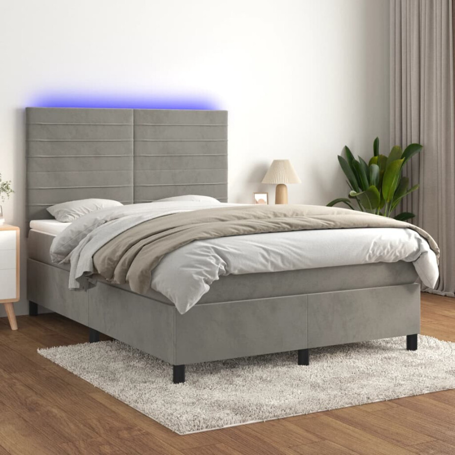 vidaXL Boxspring met matras en LED fluweel lichtgrijs 140x200 cm afbeelding 1