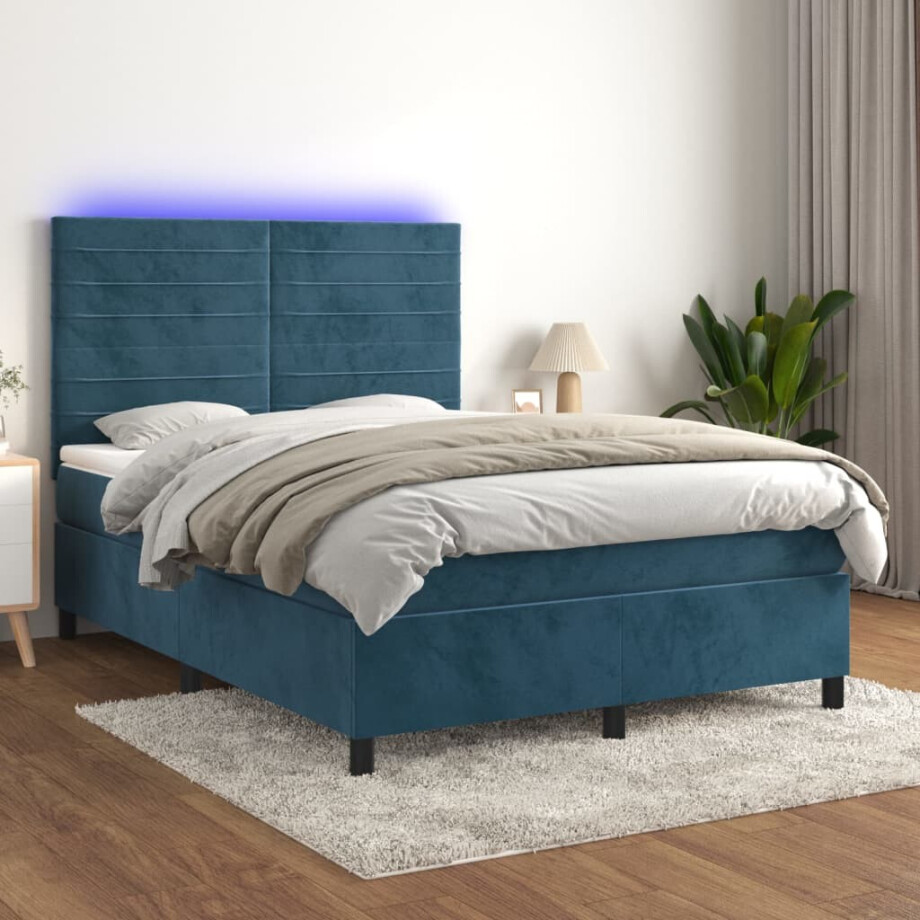 vidaXL Boxspring met matras en LED fluweel donkerblauw 140x200 cm afbeelding 1