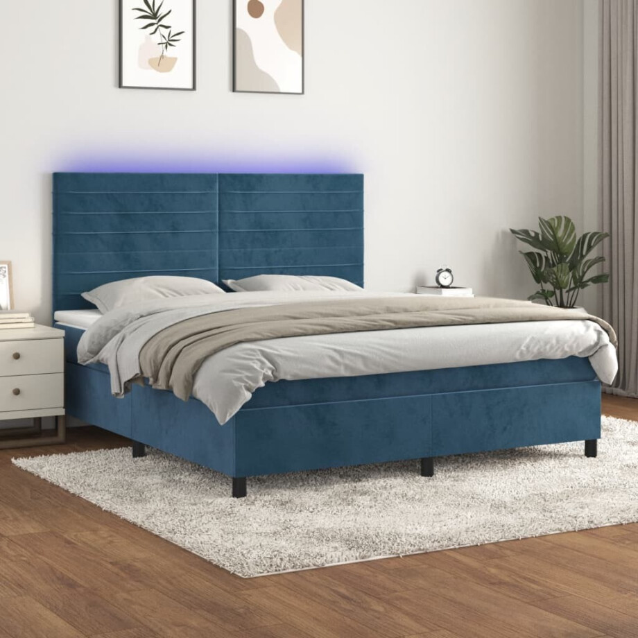 vidaXL Boxspring met matras en LED fluweel donkerblauw 160x200 cm vidaXL Boxspring met matras en LED fluweel donkerblauw 160x200 cm afbeelding 1