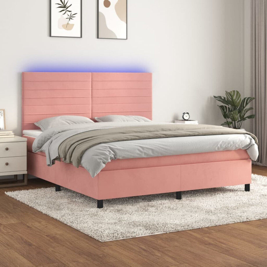 vidaXL Boxspring met matras en LED fluweel roze 180x200 cm vidaXL Boxspring met matras en LED fluweel roze 180x200 cm afbeelding 1