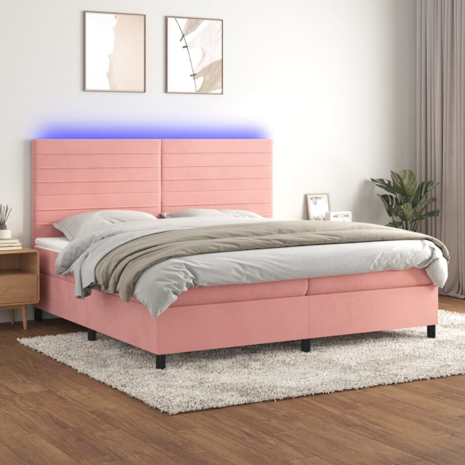 vidaXL Boxspring met matras en LED fluweel roze 200x200 cm afbeelding 1