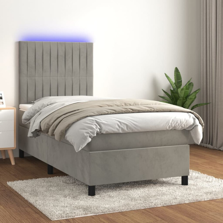 vidaXL Boxspring met matras en LED fluweel lichtgrijs 90x190 cm afbeelding 1