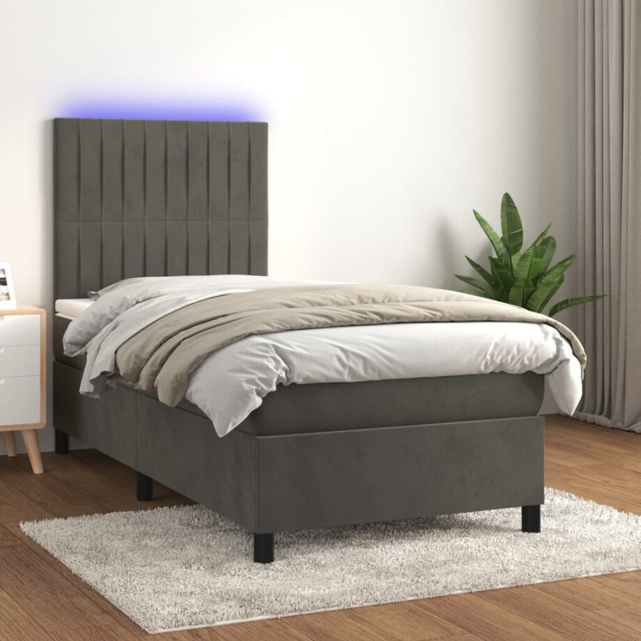 vidaXL Boxspring met matras en LED fluweel donkergrijs 90x190 cm vidaXL Boxspring met matras en LED fluweel donkergrijs 90x190 cm afbeelding 1