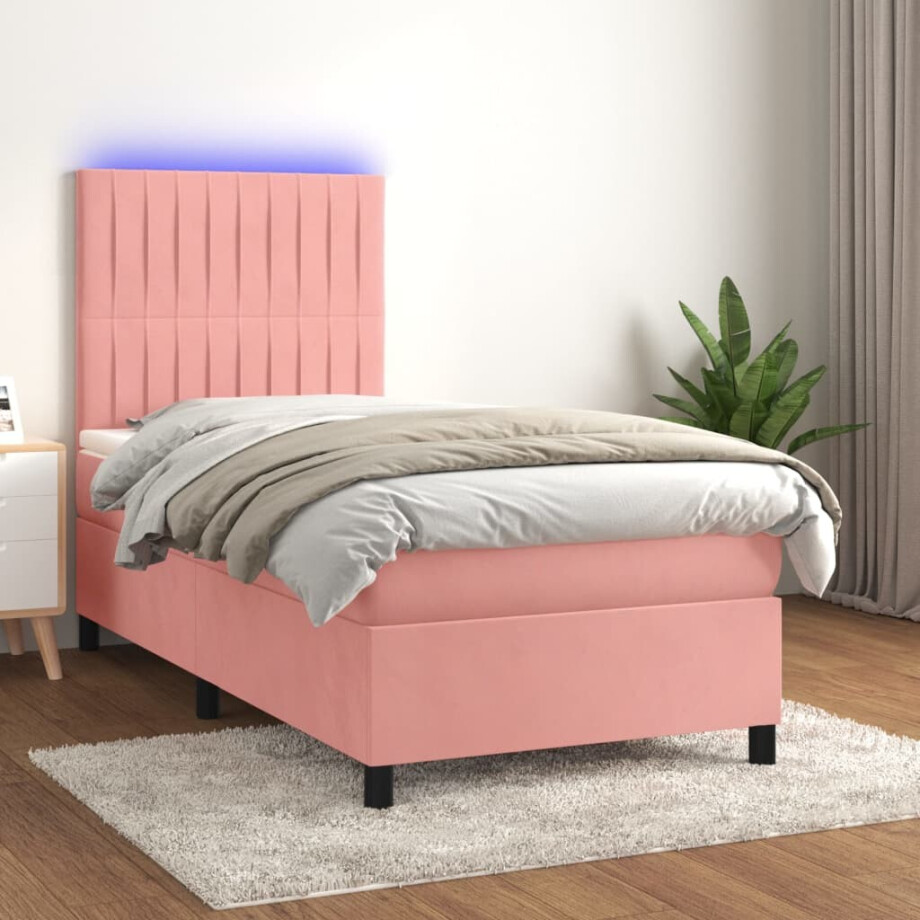 vidaXL Boxspring met matras en LED fluweel roze 90x190 cm afbeelding 1