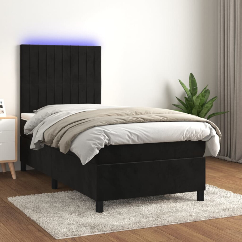 vidaXL Boxspring met matras en LED fluweel zwart 90x200 cm afbeelding 1