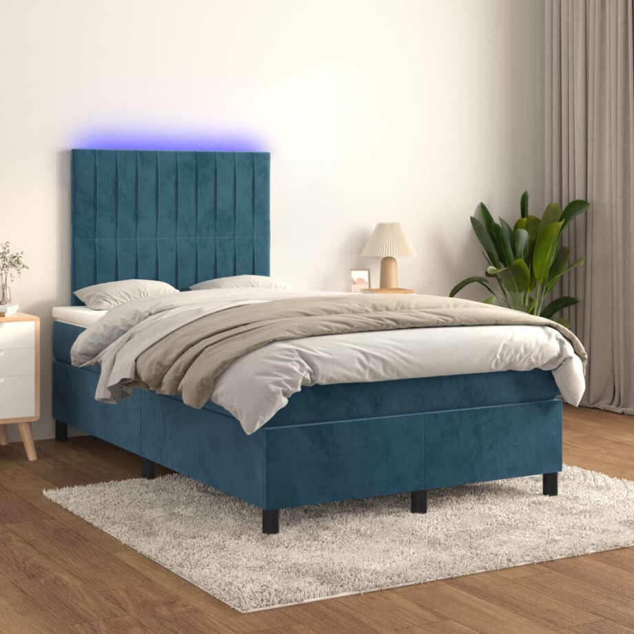 vidaXL Boxspring met matras en LED fluweel donkerblauw 120x200 cm afbeelding 1
