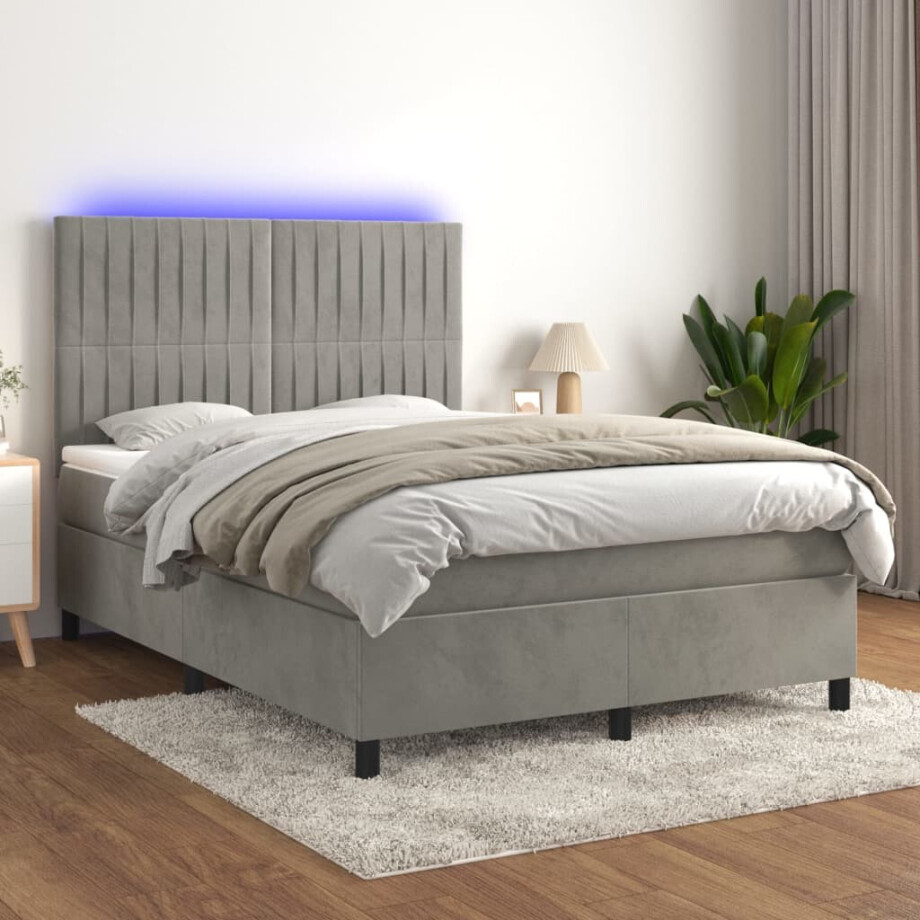 vidaXL Boxspring met matras en LED fluweel lichtgrijs 140x190 cm vidaXL Boxspring met matras en LED fluweel lichtgrijs 140x190 cm afbeelding 1